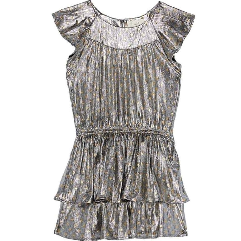 Peek Toddler Girls Foil Dot Tiered Ruffle Cap Sleeve Mini Dress Gold Size 2T NWT